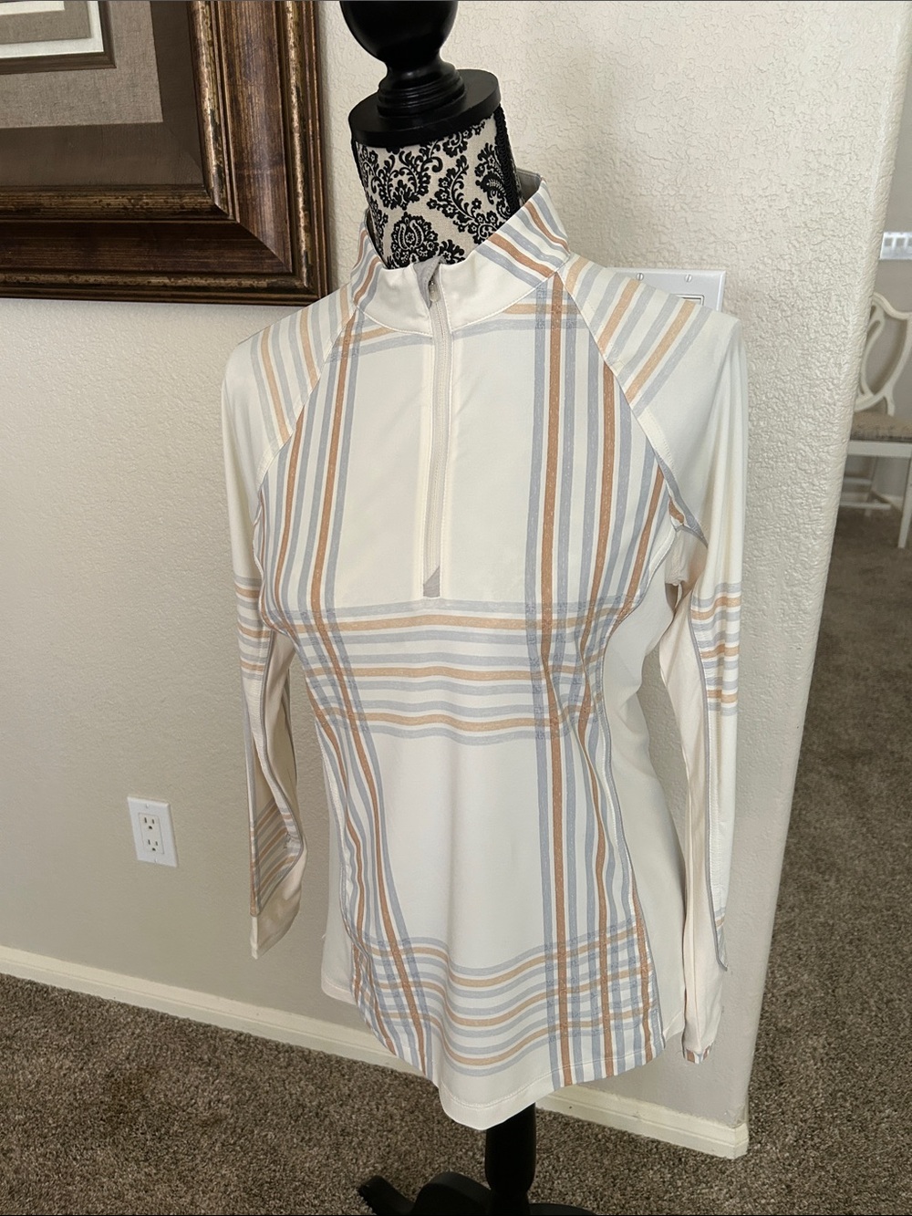 Peter Millar Women's Cream Plaid Quarter-Zip Performance Top